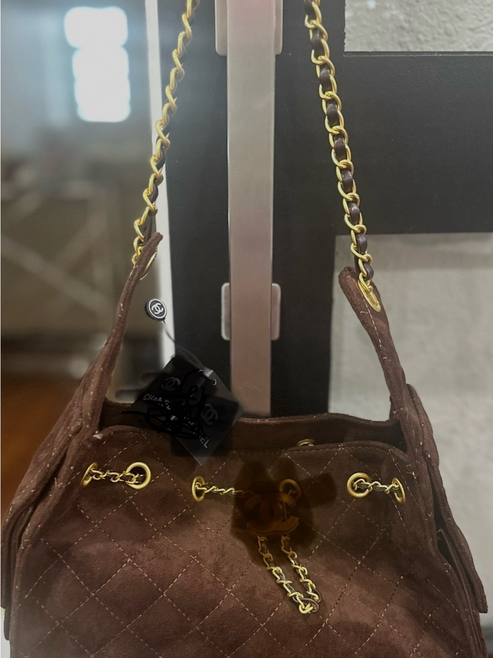 Classic Quilted Brown Shoulder Bag with Gold Chain